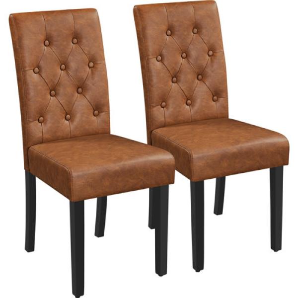 Button Tufted Padded Faux Leather Dining Chair with Solid Wood Legs (Set of 2)